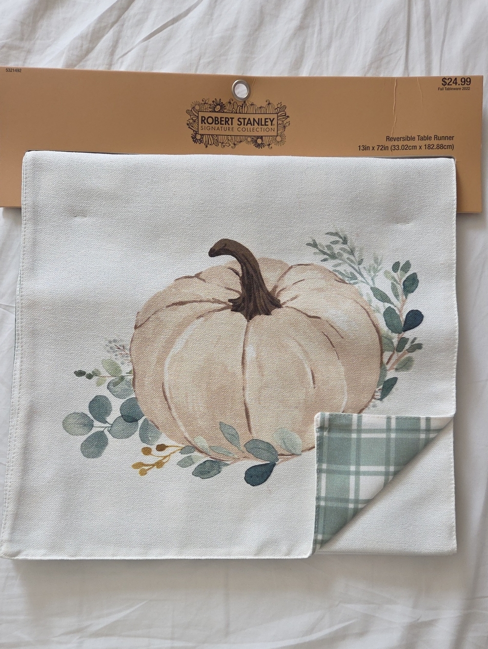 Robert Stanley Cream Pumpkin Reversible Table Runner with Green Plaid Accent